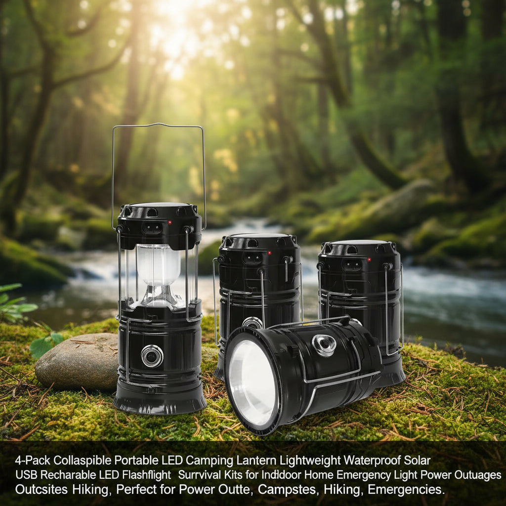 4-Pack Collapsible Portable LED Camping Lantern Lightweight Waterproof Solar USB Rechargeable LED Flashlight Survival Kits for Indoor Outdoor Home Emergency Light Power Outages Hiking，Perfect for Power Outages, Hiking, Campsites, Emergencies